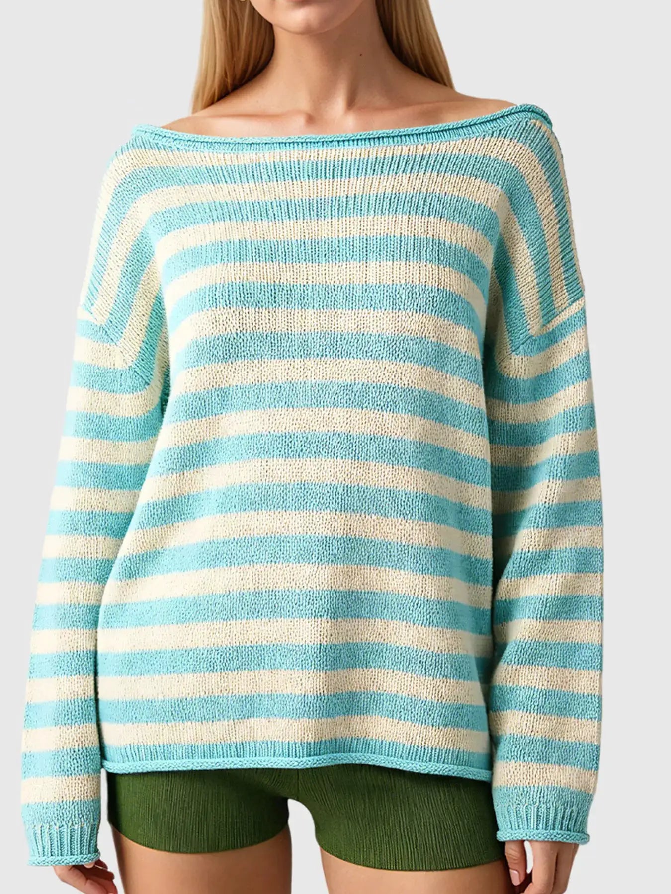 Casual Striped Boat Neck Sweater by Trendsi