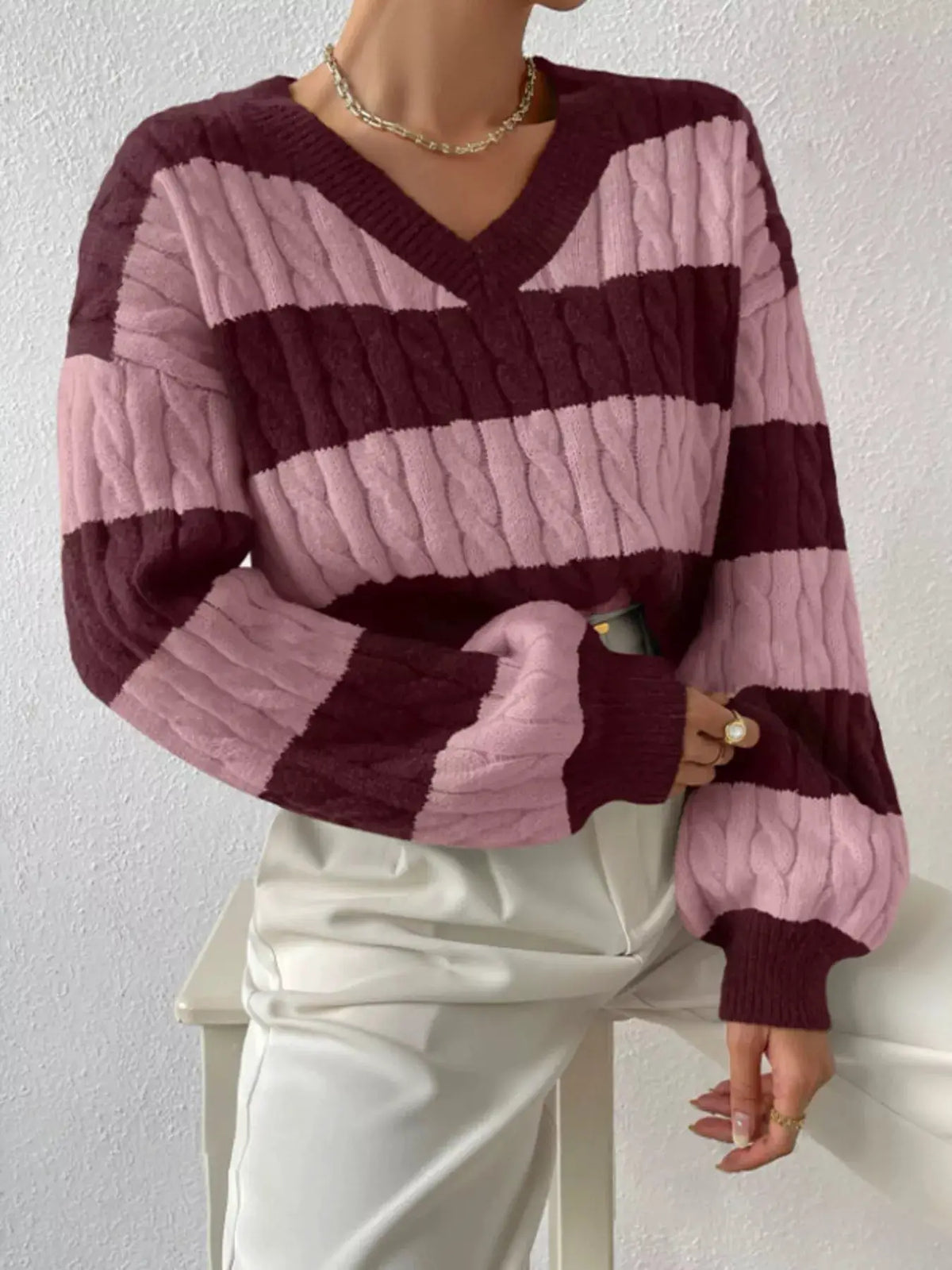 V-Neck Striped Cable Knit Sweater by Trendsi