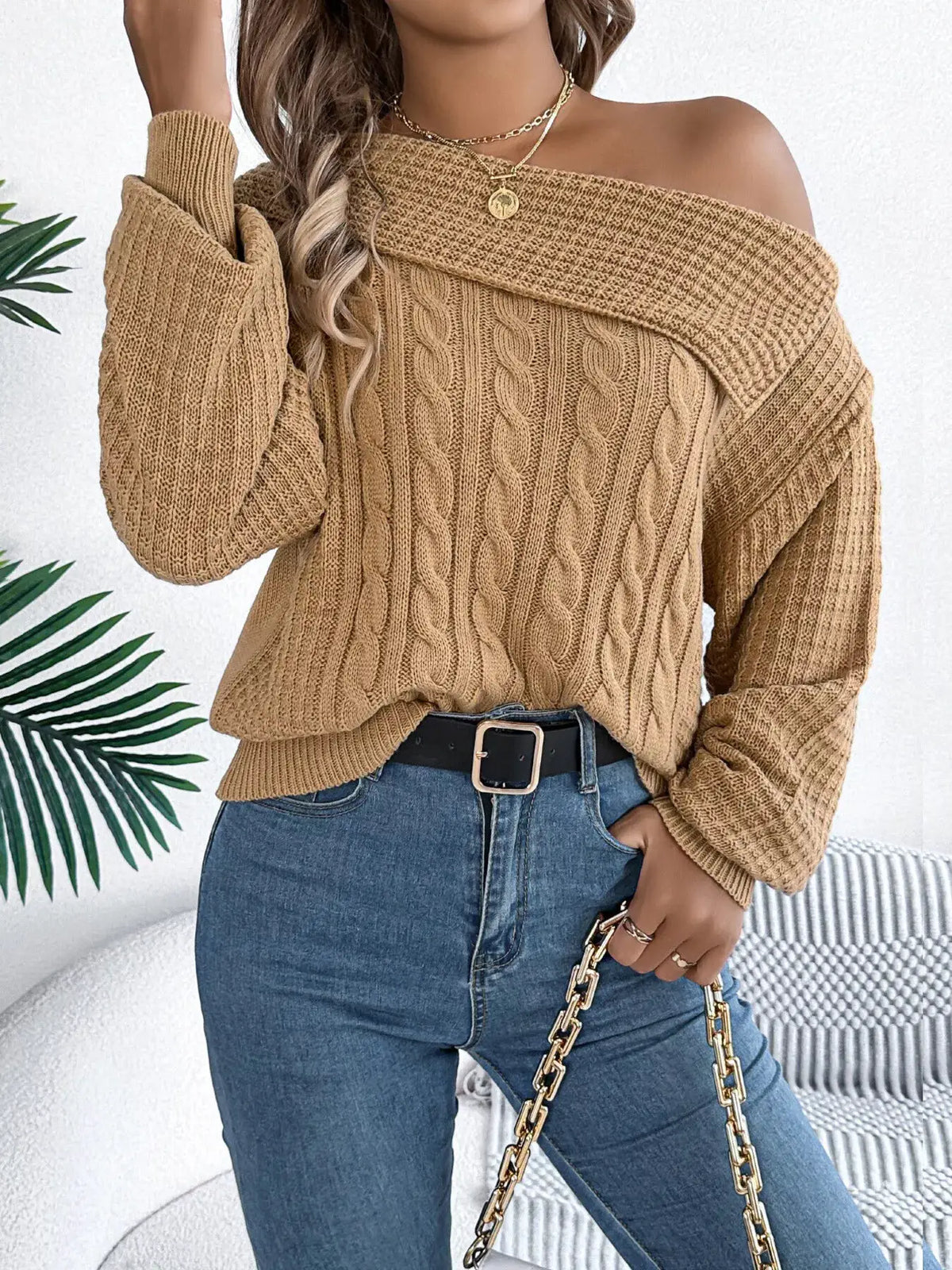 One Shoulder Cable Knit Sweater by Trendsi