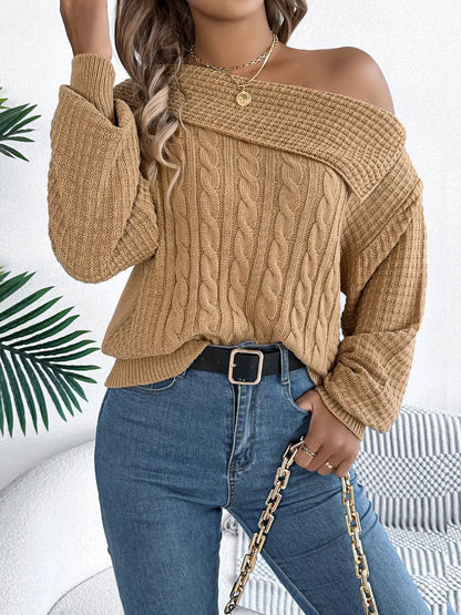 One Shoulder Cable Knit Sweater by Trendsi