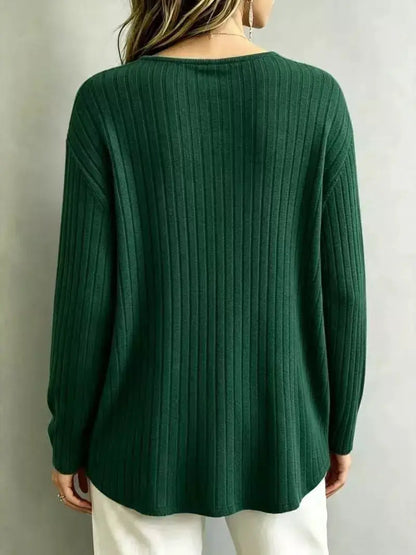V-Neck Ribbed Long Sleeve T-Shirt by Trendsi