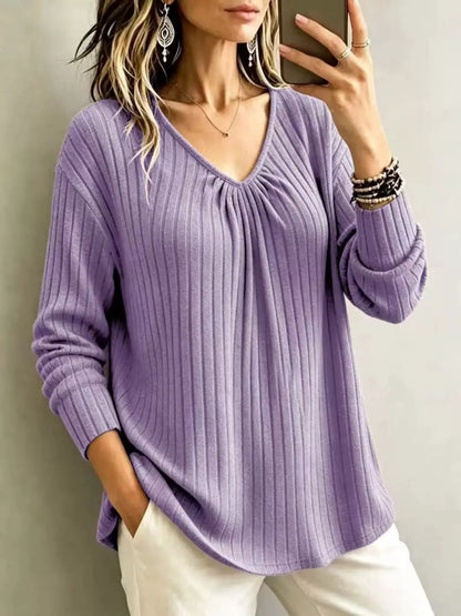 V-Neck Ribbed Long Sleeve T-Shirt by Trendsi