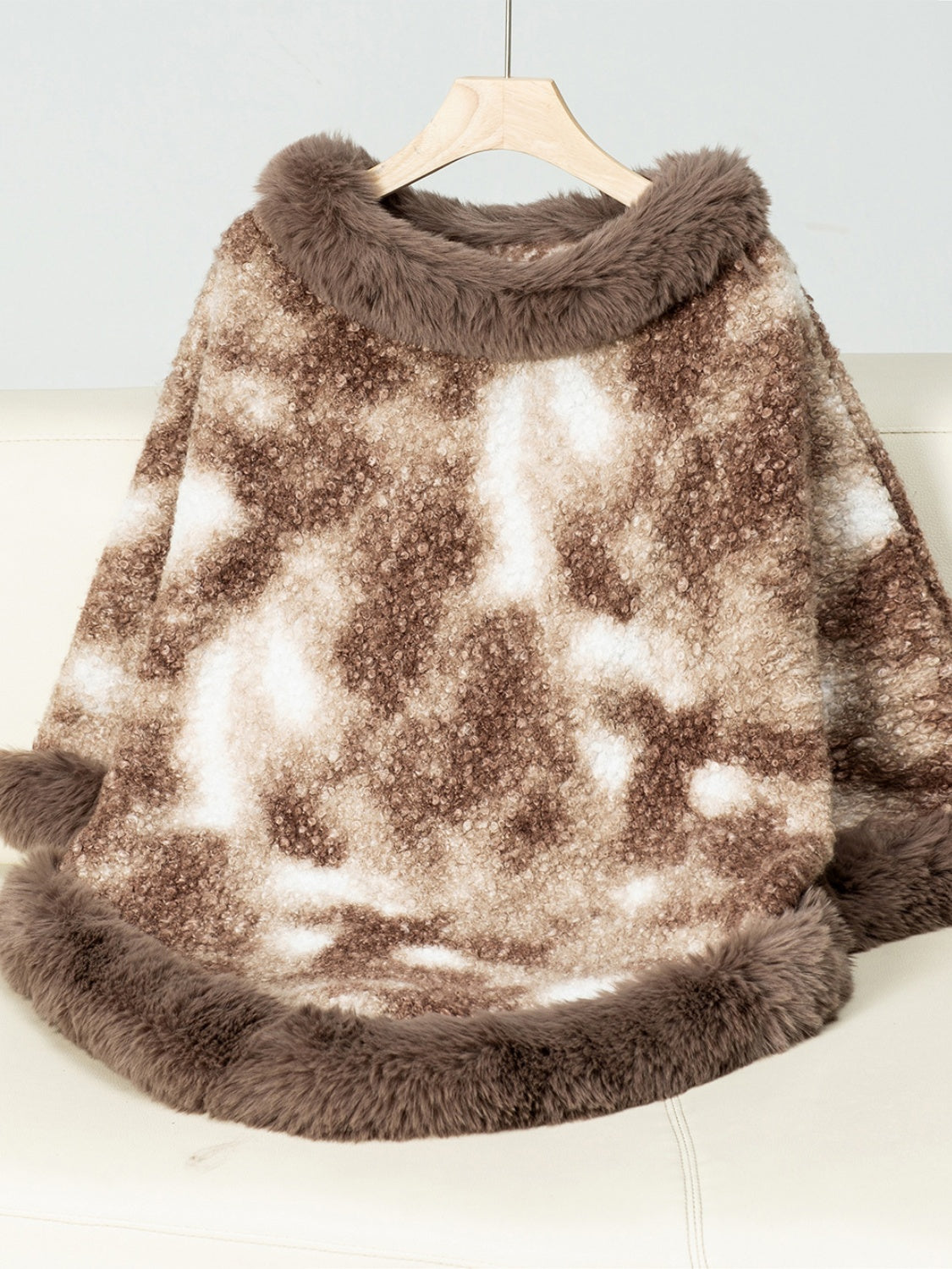 Furry Contrast Three-Quarter Poncho