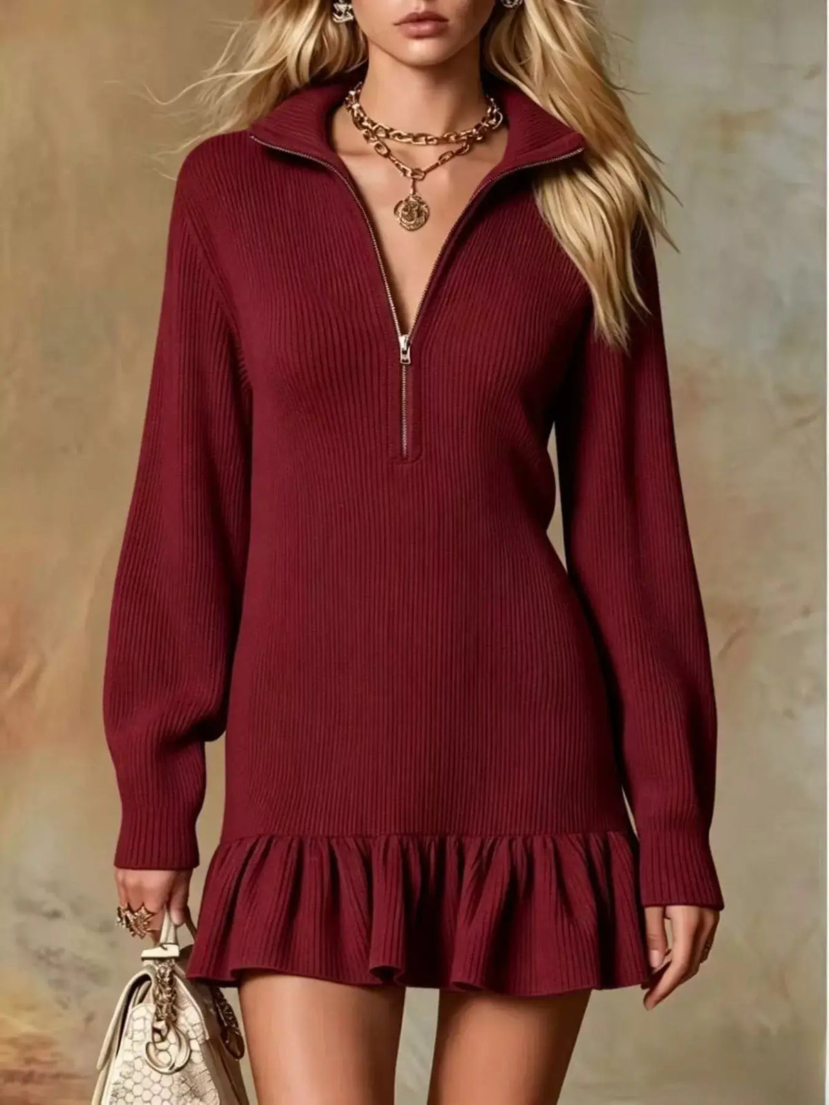 Ruffle Hem Half Zip Dress by Trendsi