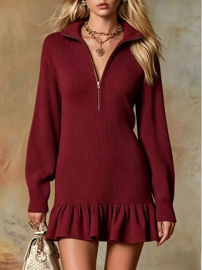 Ruffle Hem Half Zip Dress by Trendsi