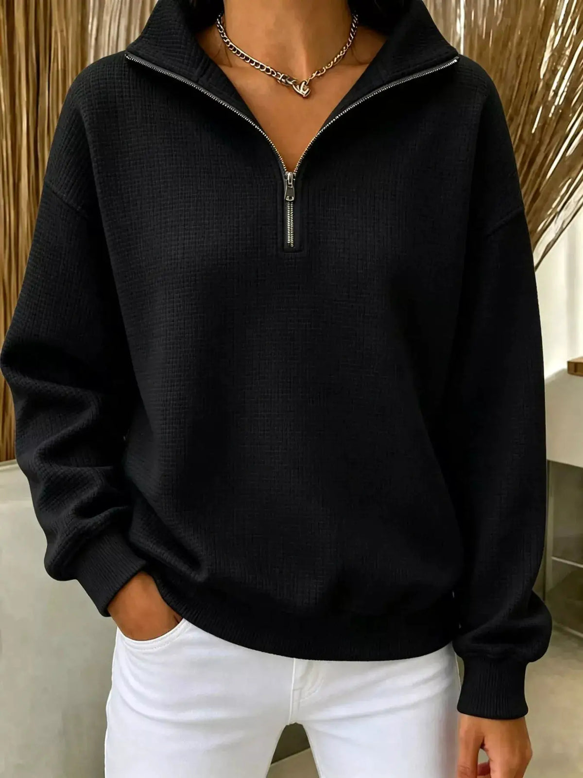 Full Size Waffle Knit Quarter-Zip Sweatshirt Plus Size by Trendsi