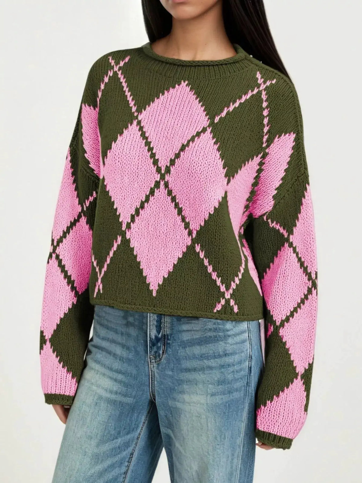 Argyle Pattern Knit Dropped Shoulder Sweater by Trendsi