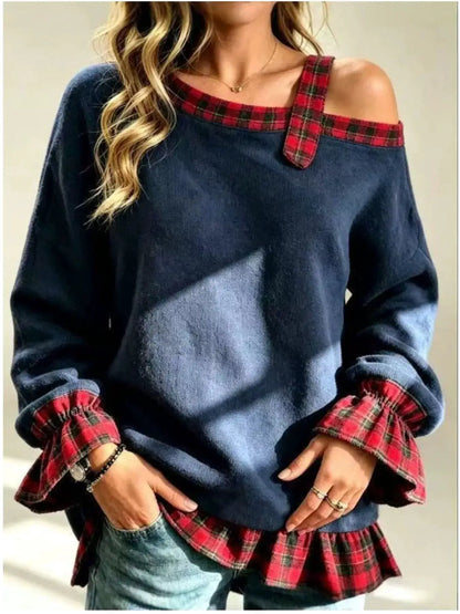 Full Size Cold-Shoulder Plaid Patchwork Long Sleeve Top Plus Size by Trendsi