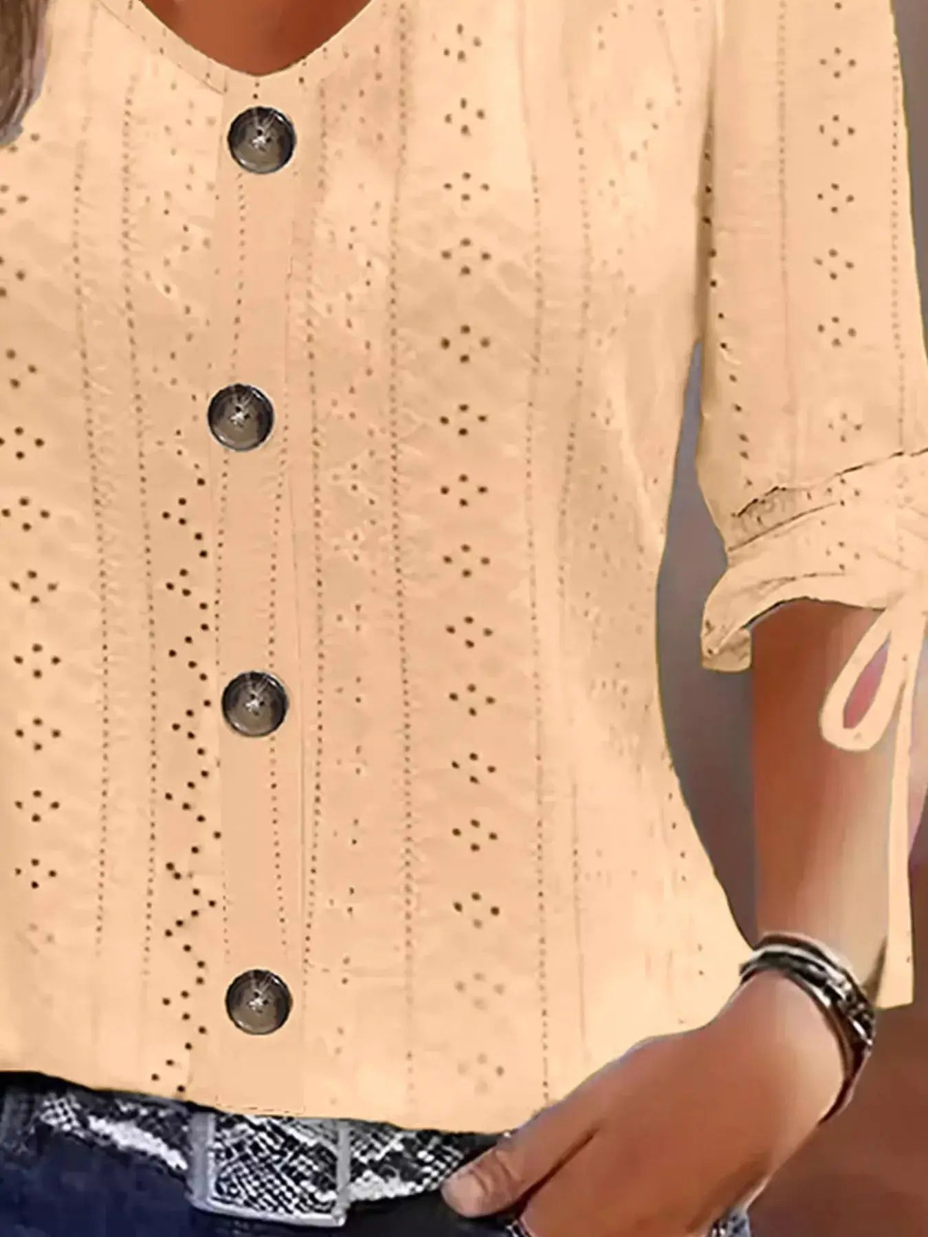 Eyelet Tie-Sleeve Detail Top by Trendsi