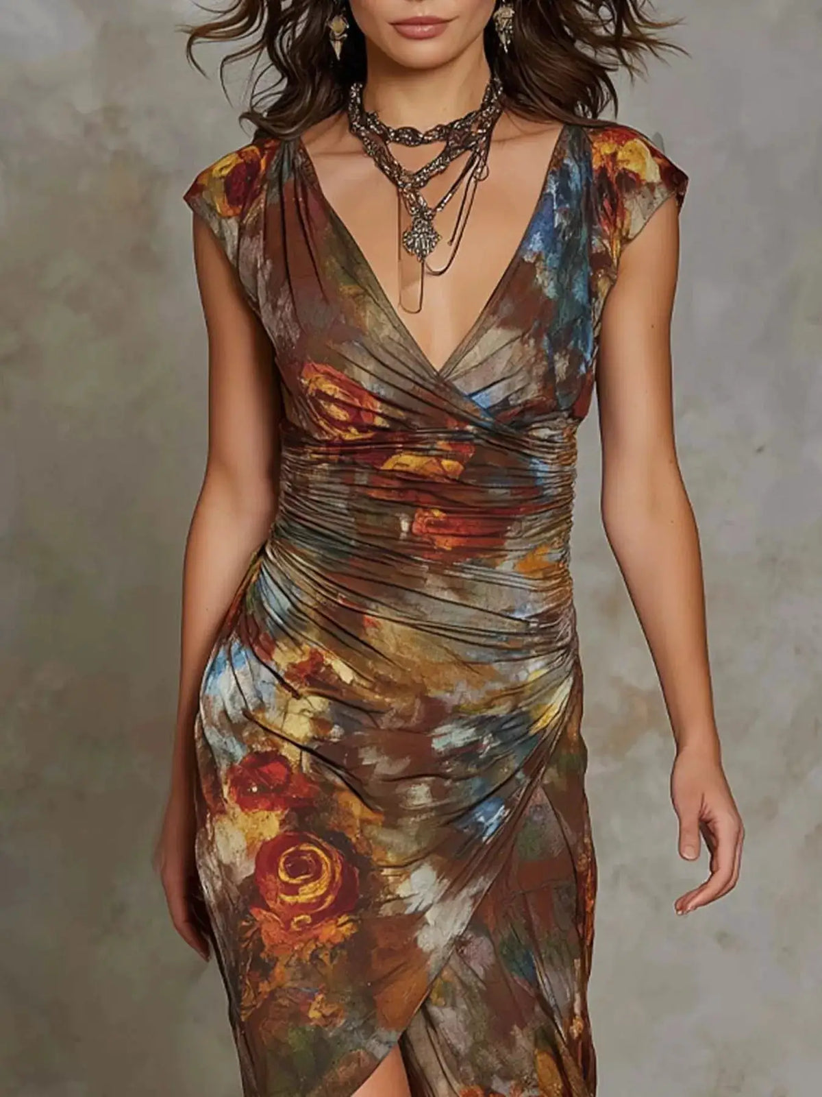 Floral Print Ruched Wrap Midi Dress by Trendsi