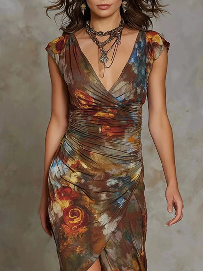 Floral Print Ruched Wrap Midi Dress by Trendsi