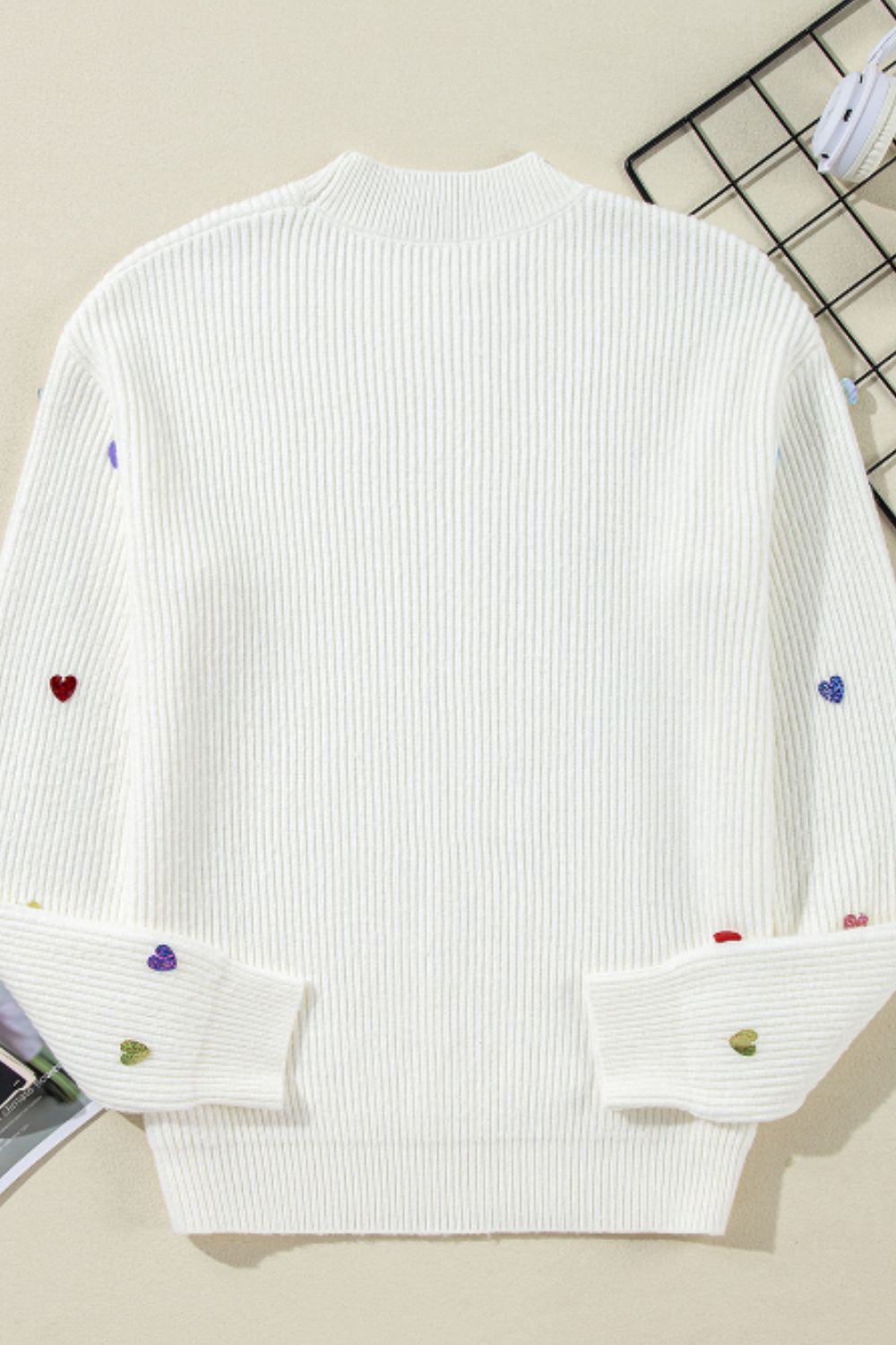 Heart Sequin Round Neck Long Sleeve Sweater