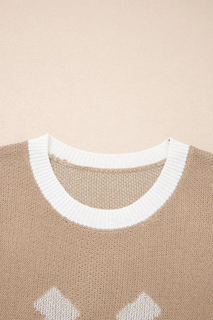 Horse Shoe Pattern Contrast Trim Short Sleeve Sweater by Trendsi