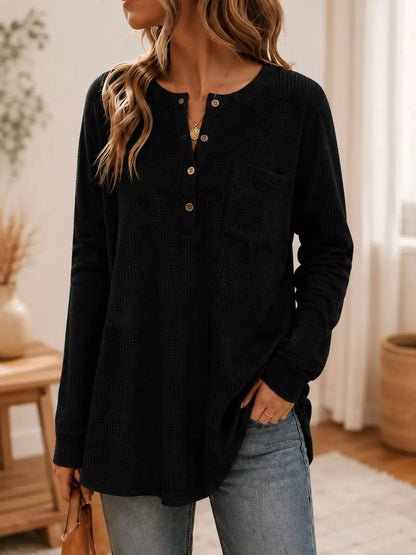 Waffle Knit Button Detail Top by Trendsi