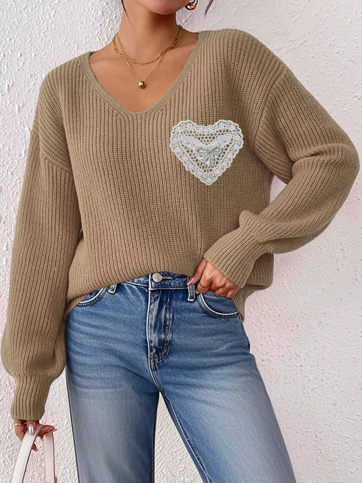 Lace Heart Dropped Shoulder Sweater by Trendsi