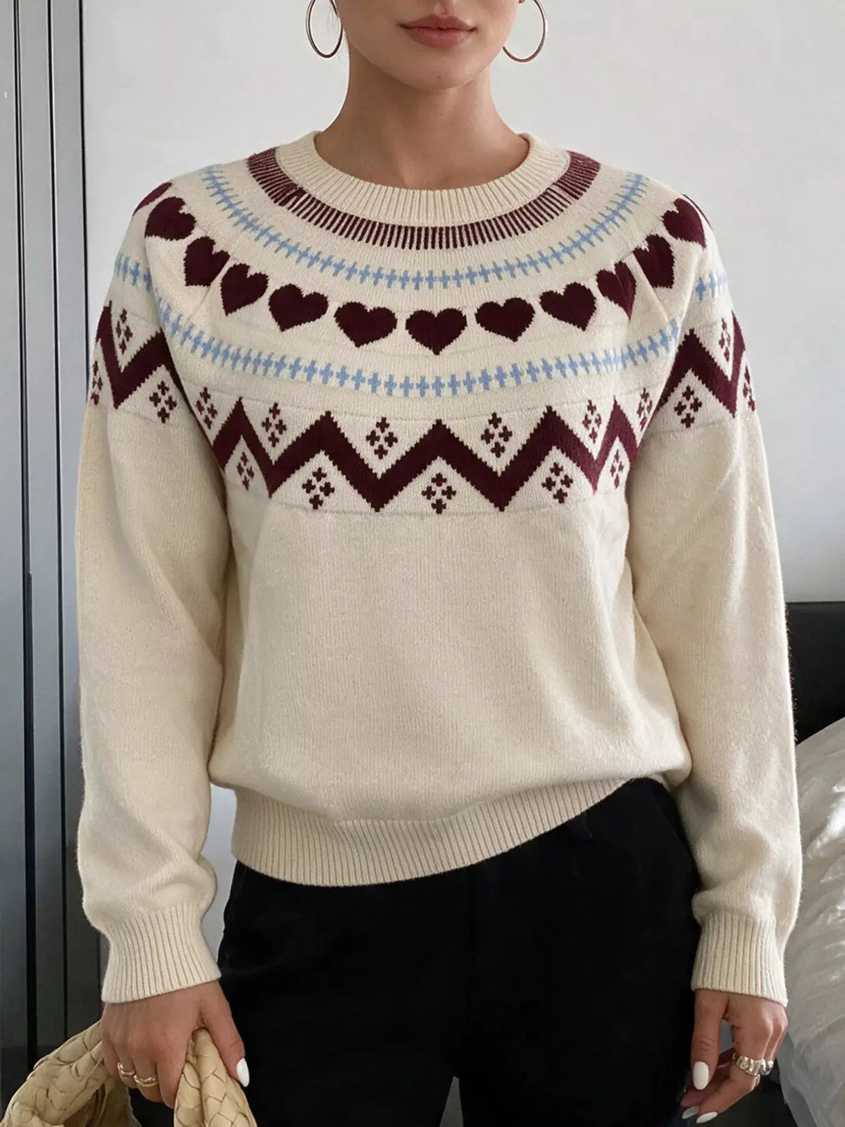 Heart-Patterned Crew Neck Sweater by Trendsi