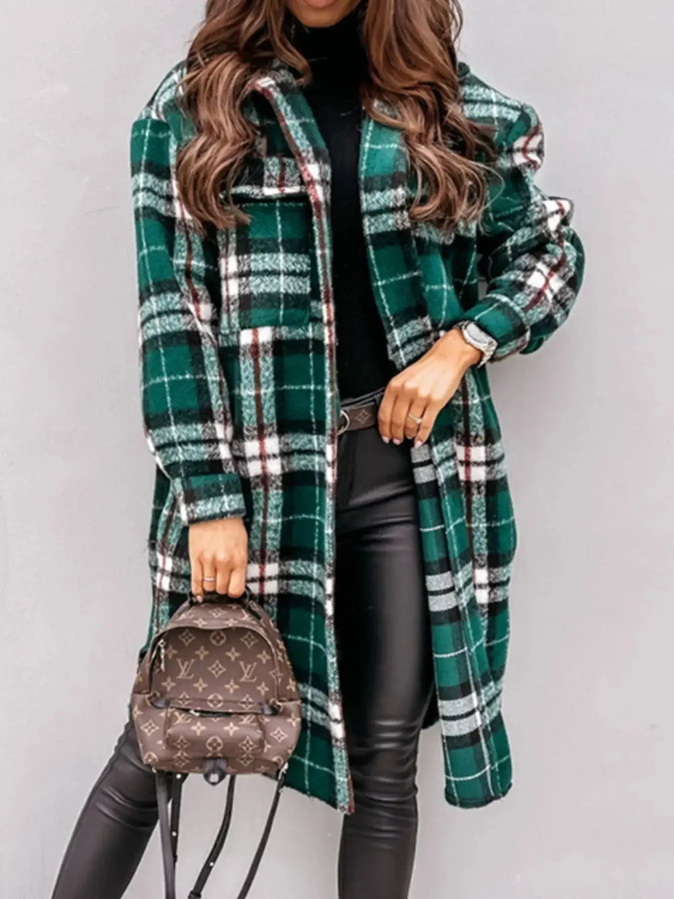Longline Plaid Button Up Coat by Trendsi