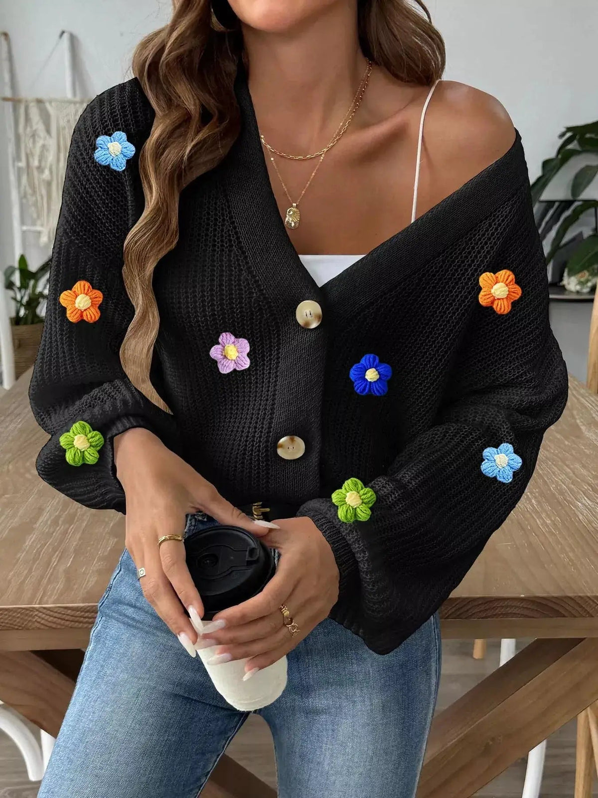 3D Floral Appliques Button Up Cardigan - Bitsy Gypsy Boutique