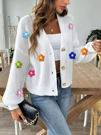 3D Floral Appliques Button Up Cardigan - Bitsy Gypsy Boutique
