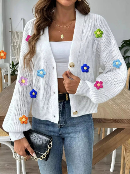 3D Floral Appliques Button Up Cardigan - Bitsy Gypsy Boutique