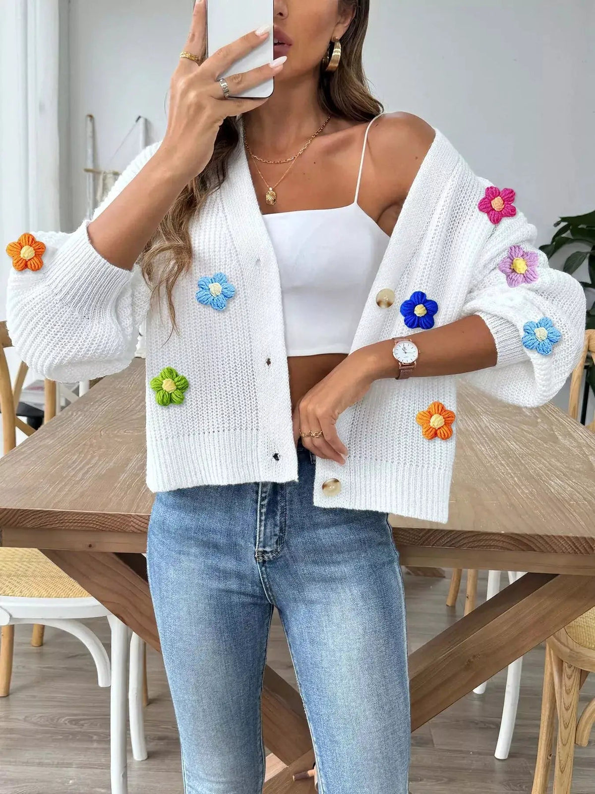 3D Floral Appliques Button Up Cardigan - Bitsy Gypsy Boutique