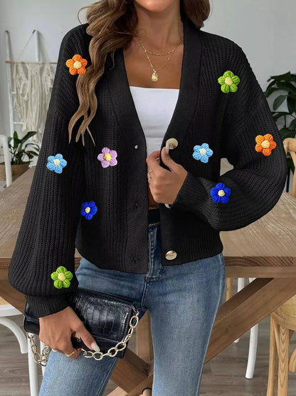 3D Floral Appliques Button Up Cardigan - Bitsy Gypsy Boutique