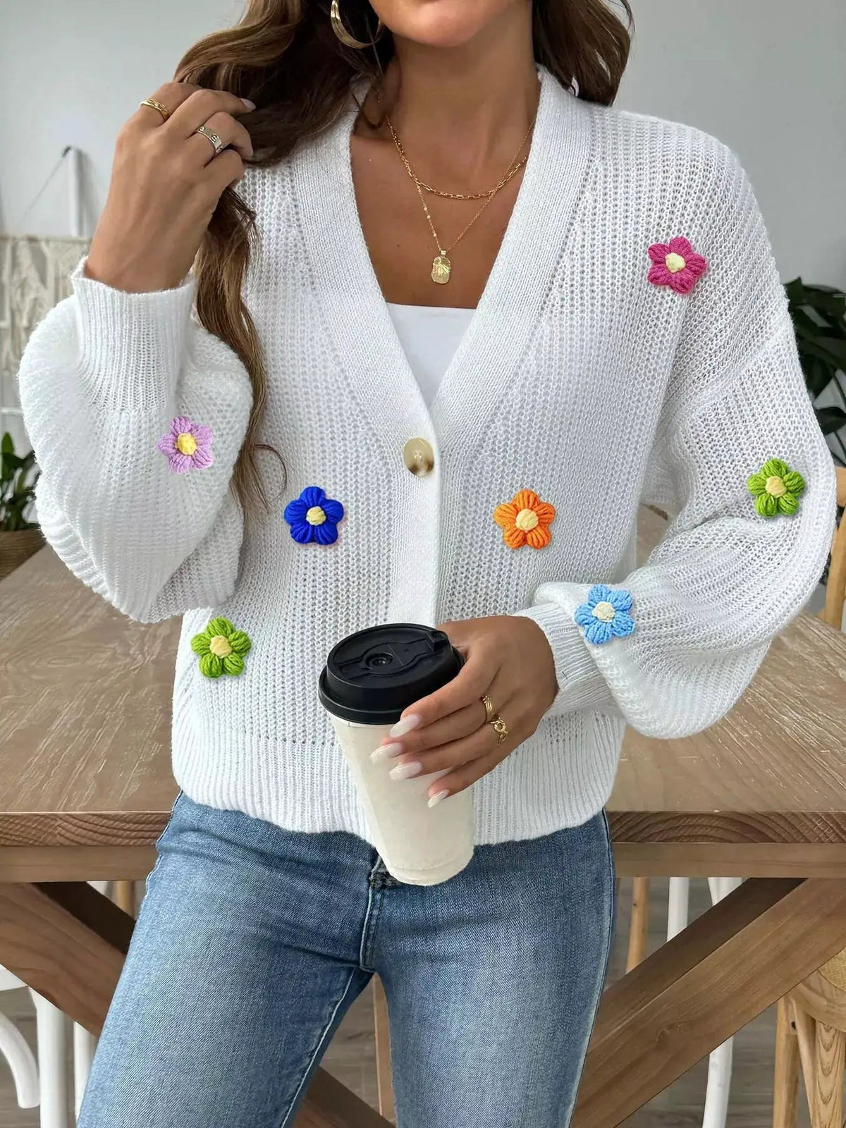 3D Floral Appliques Button Up Cardigan - Bitsy Gypsy Boutique