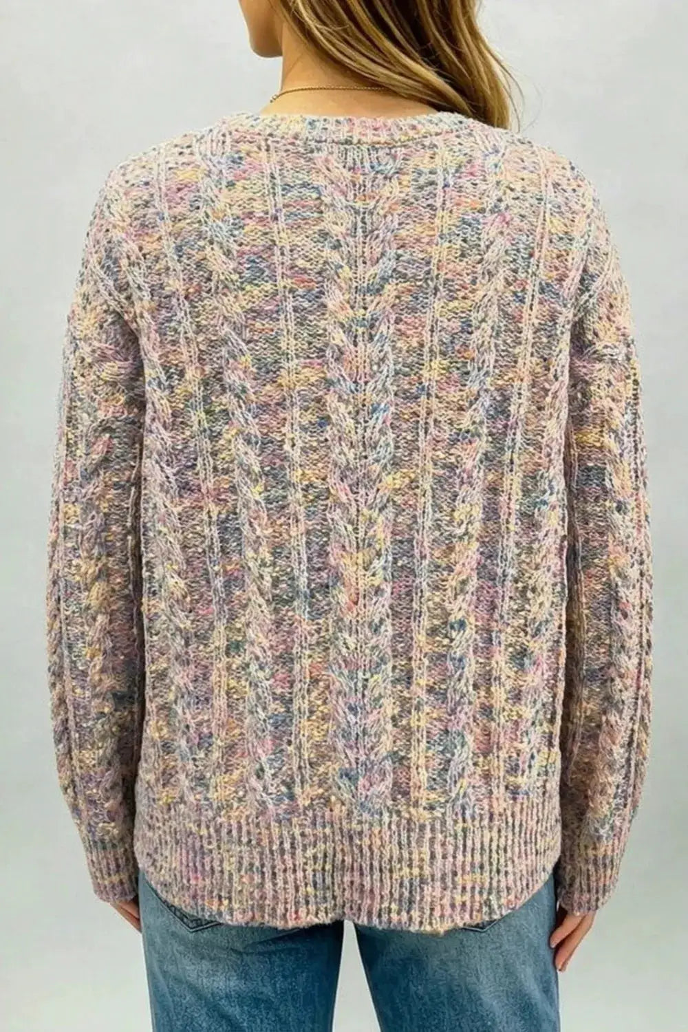 Multicolor Cable Knit Dropped Shoulder Sweater by Trendsi