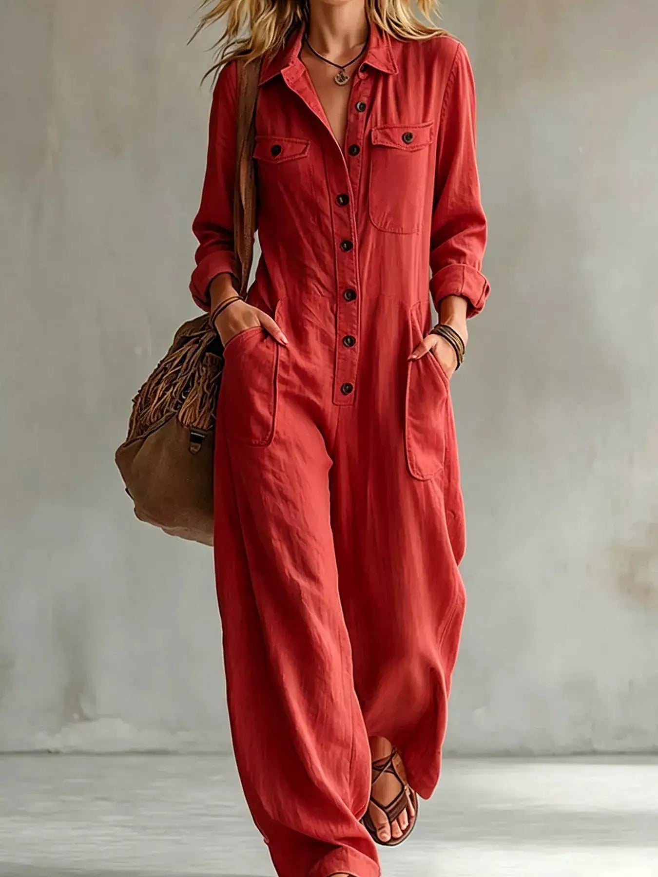 Full Size Long Sleeve Button Front Jumpsuit Plus Size by Trendsi