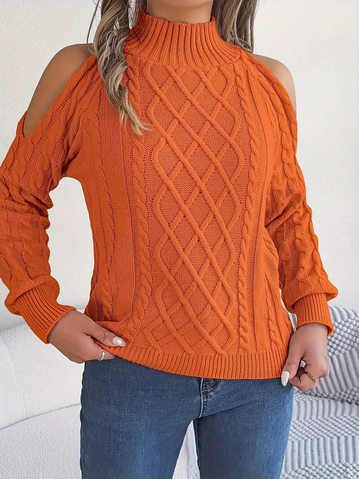 Cold-Shoulder Cable Knit Sweater by Trendsi