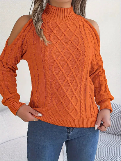 Cold-Shoulder Cable Knit Sweater by Trendsi