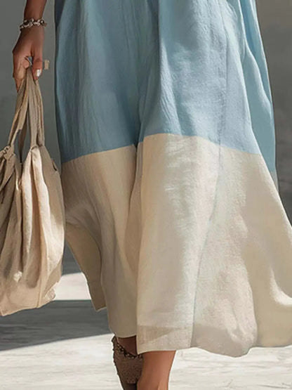 Color-Block Sleeveless Linen-Blend Midi Dress by Trendsi