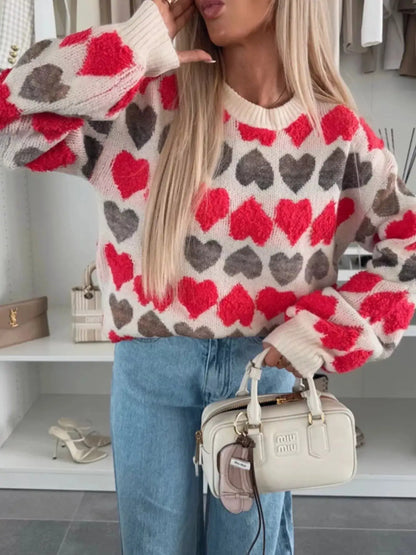 Heart-Patterned Round Neck Sweater by Trendsi