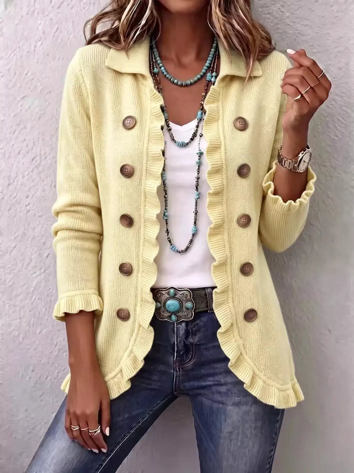Full Size Ruffled Trim Decorative Button Cardigan Plus Size by Trendsi