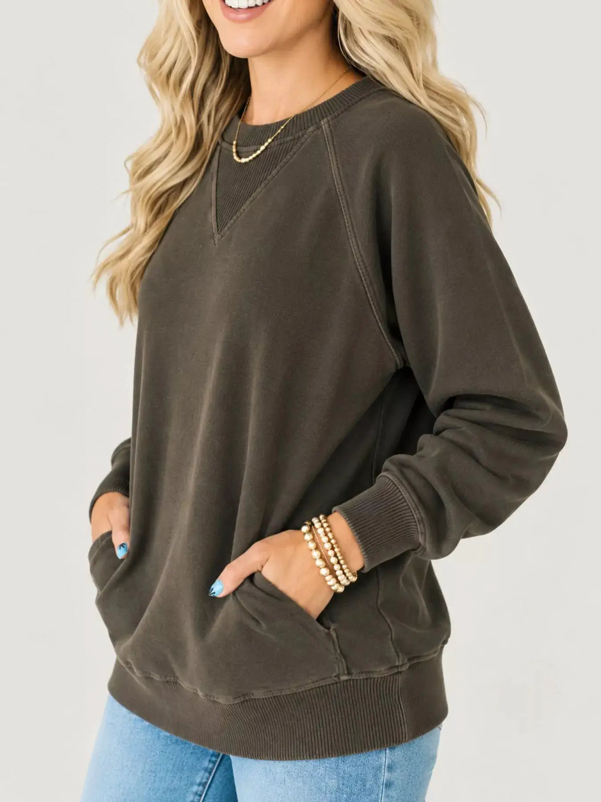 Crew Neck Raglan Sleeve Sweatshirt by Trendsi
