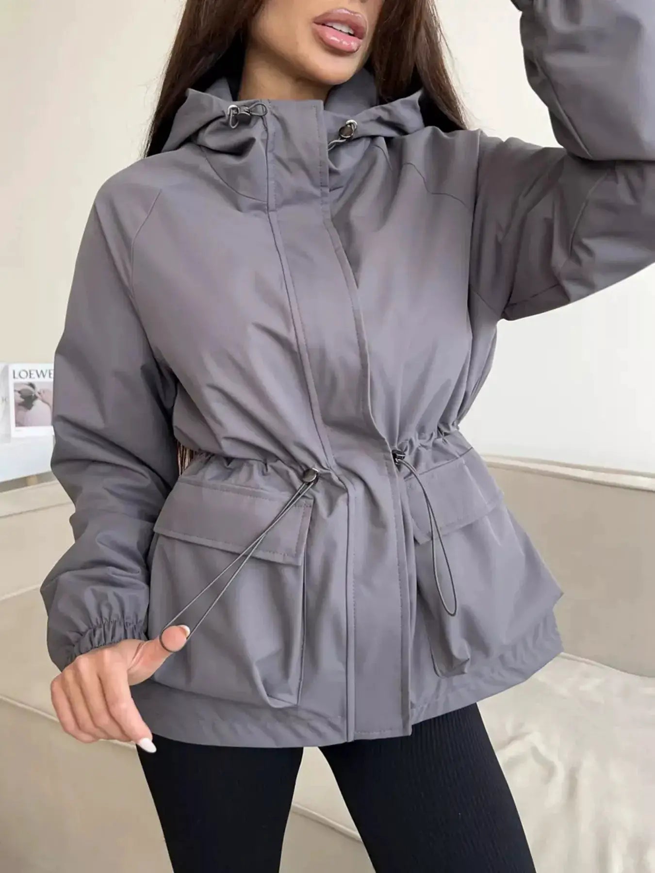 Drawstring Waist Hooded Windbreaker Outerwear by Trendsi