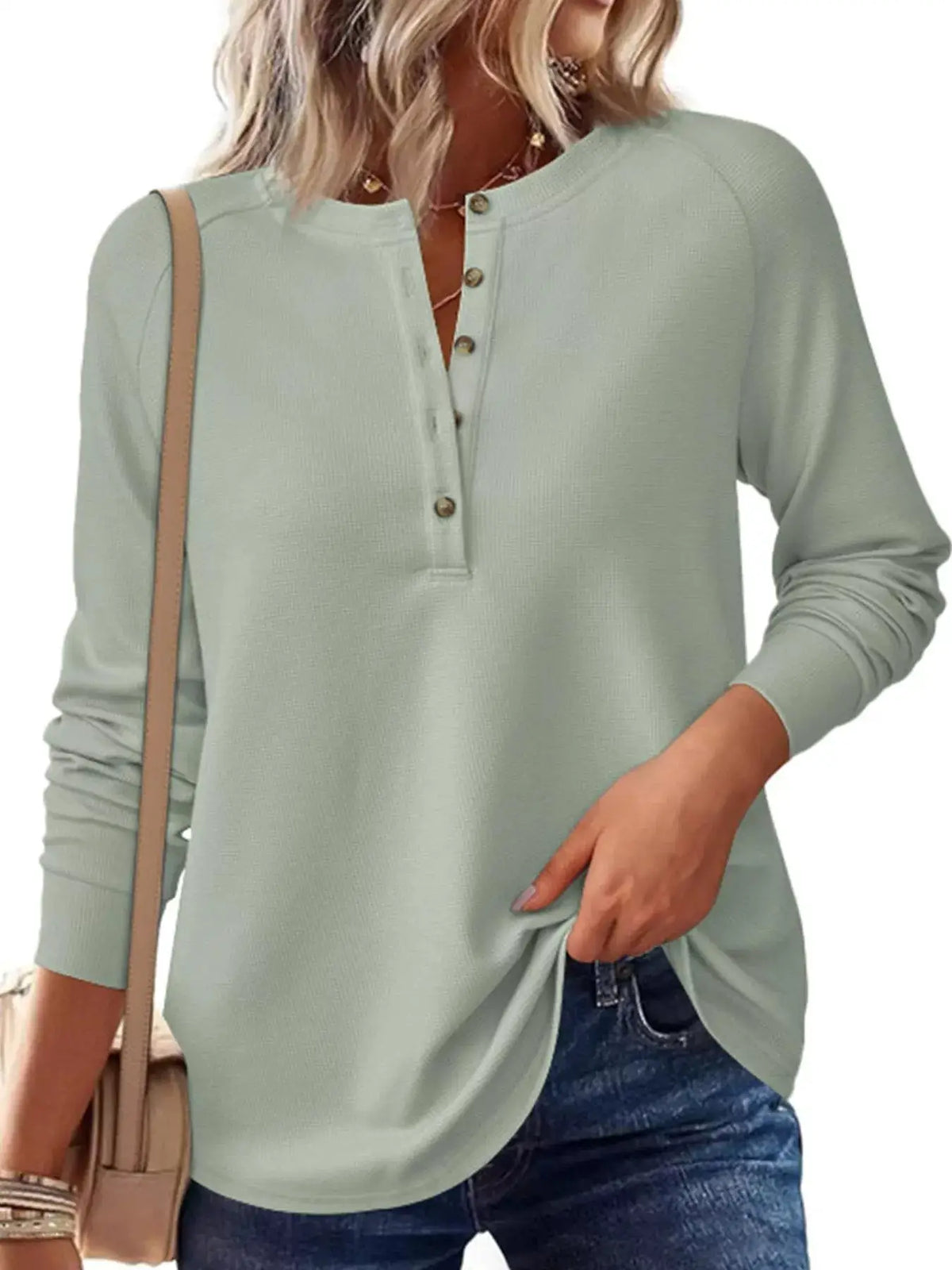Waffle Knit Henley Long Sleeve T-Shirt by Trendsi