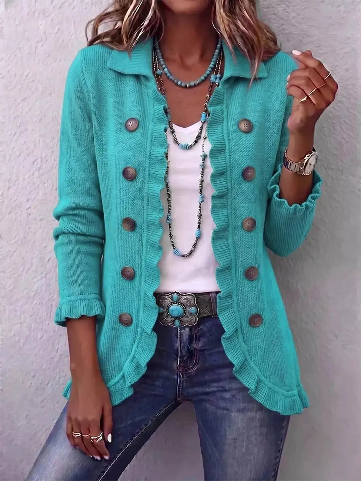 Full Size Ruffled Trim Decorative Button Cardigan Plus Size by Trendsi