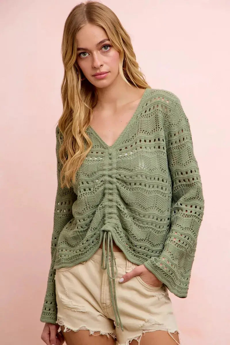 BiBi Pointelle Knit V Neck Ruched Front Lightweight Top by Trendsi