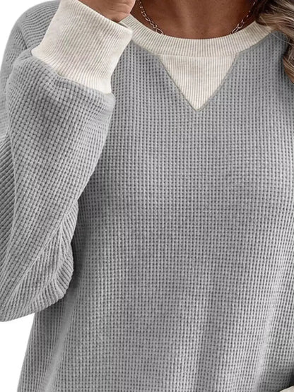 Waffle Knit Crew Neck Long Sleeve Sweatshirt by Trendsi