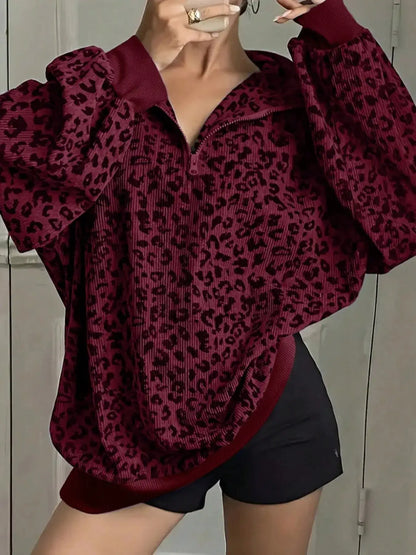 Leopard Print Quarter-Zip Sweatshirt by Trendsi