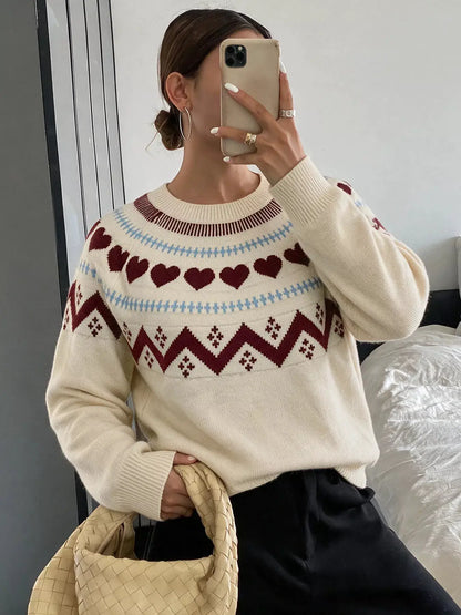 Heart-Patterned Crew Neck Sweater by Trendsi
