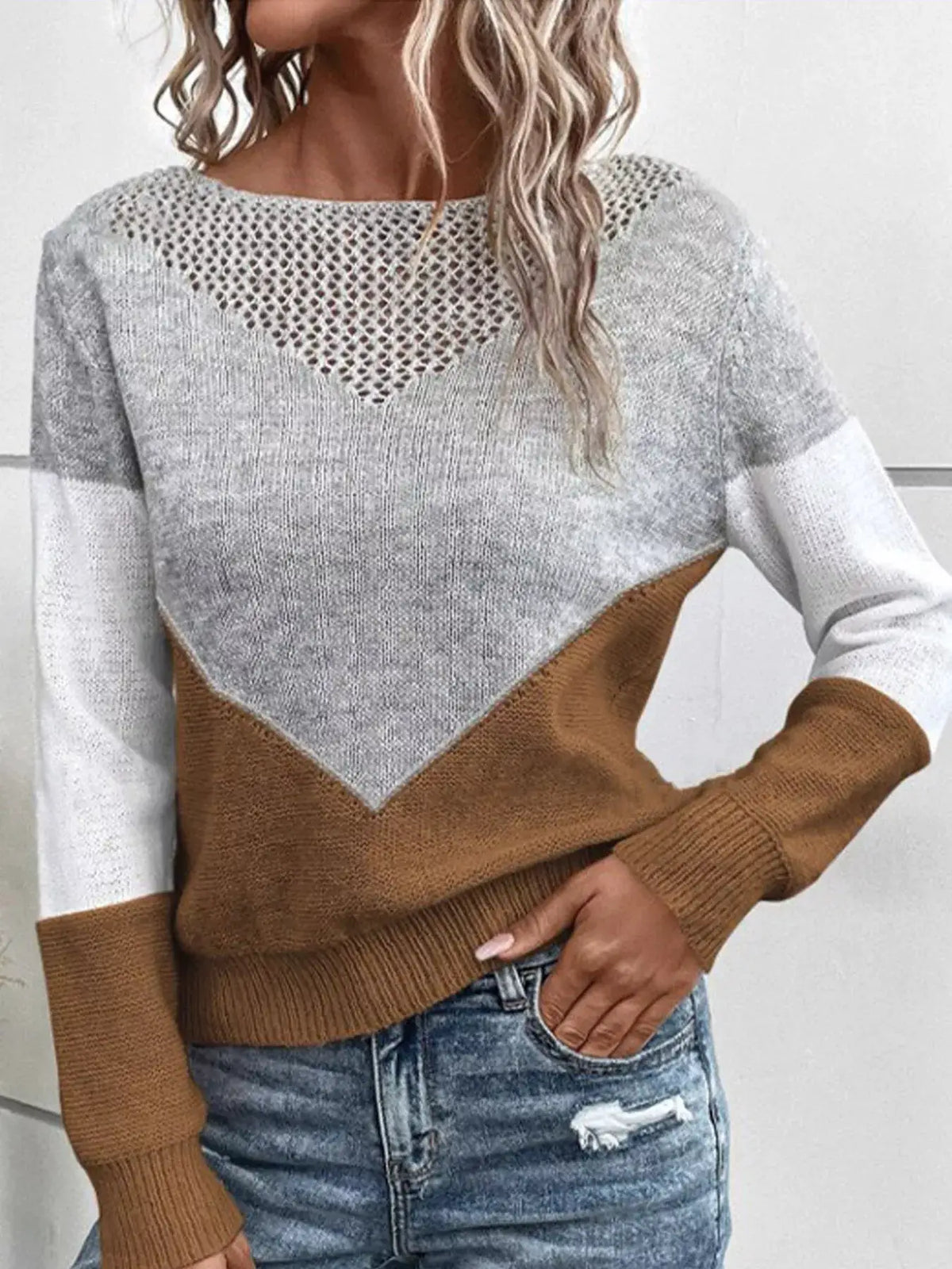 Openwork Color Block Long Sleeve Sweater by Trendsi