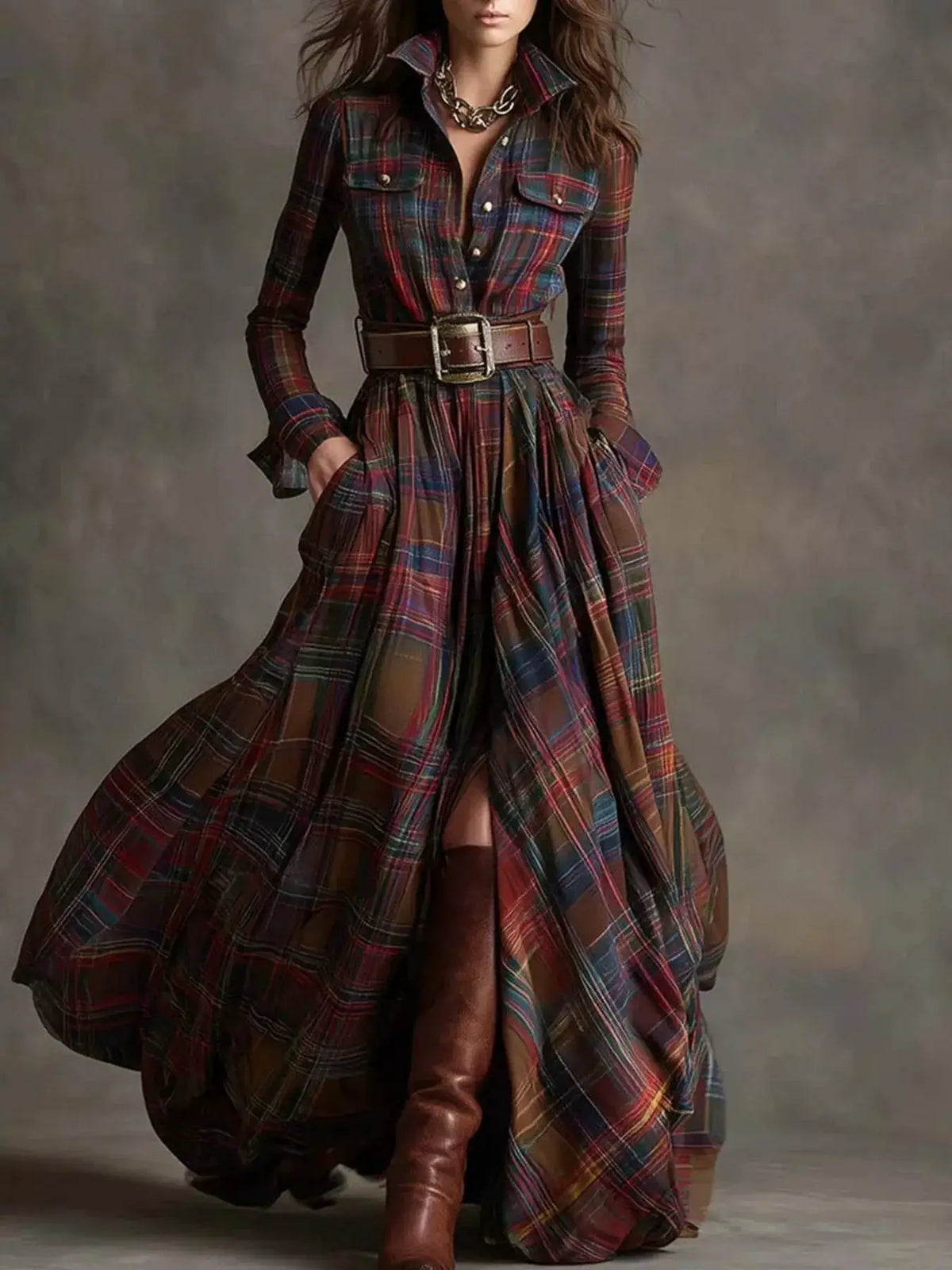 Full Size Plaid Long Sleeve Shirt Maxi Dress Plus Size by Trendsi