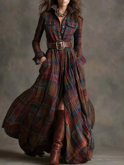 Full Size Plaid Long Sleeve Shirt Maxi Dress Plus Size by Trendsi