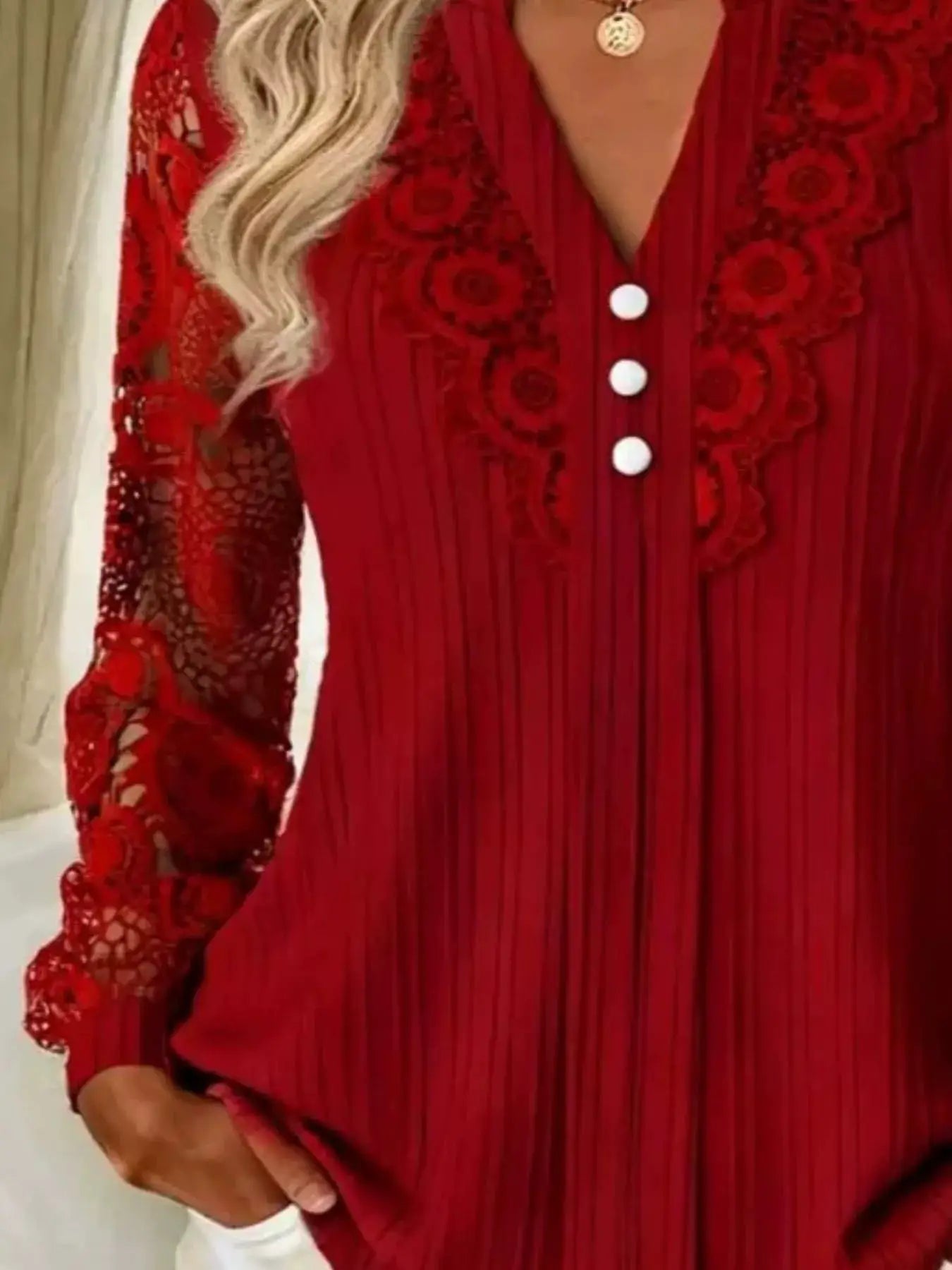Lace Long Sleeve Notched Blouse by Trendsi