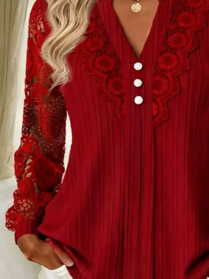 Lace Long Sleeve Notched Blouse by Trendsi