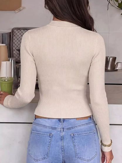 Chinese-Style Knot Detail Ribbed Knit Top by Trendsi