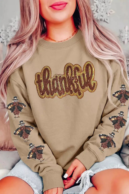 Turkey Season Thankful Sequin Sweatshirt by Trendsi