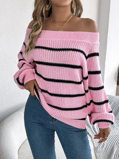 Off-Shoulder Striped Contrast Sweater by Trendsi